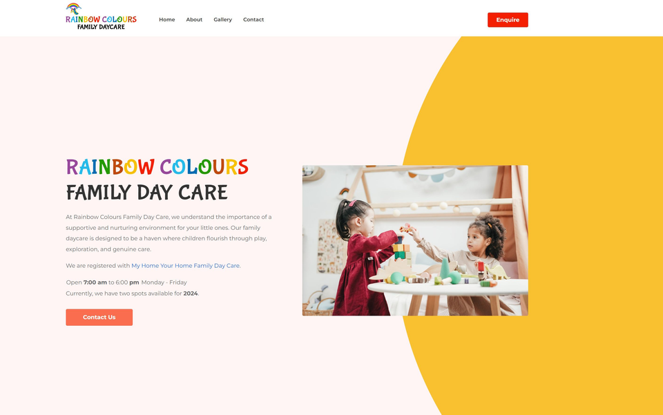 Rainbow Colours Family Day Care website homepage designed and built by LumenBlaze, Sydney web design agency